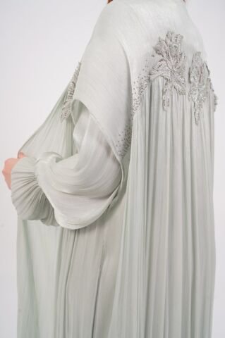 Dantel Aplikeli Dökümlü Abaya Takım Çağla - 40-48