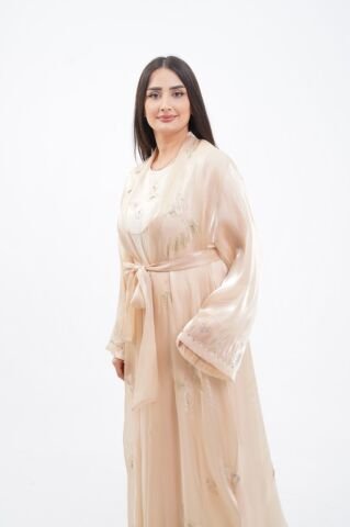 Taş Süslemeli Organze Abaya Takım Bej - 40-48