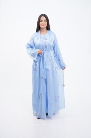 Taş Süslemeli Organze Abaya Takım Mavi - 40-48