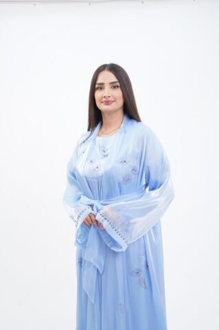 Taş Süslemeli Organze Abaya Takım Mavi - 40-48