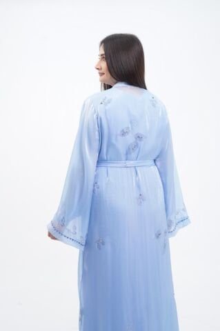 Taş Süslemeli Organze Abaya Takım Mavi - 40-48