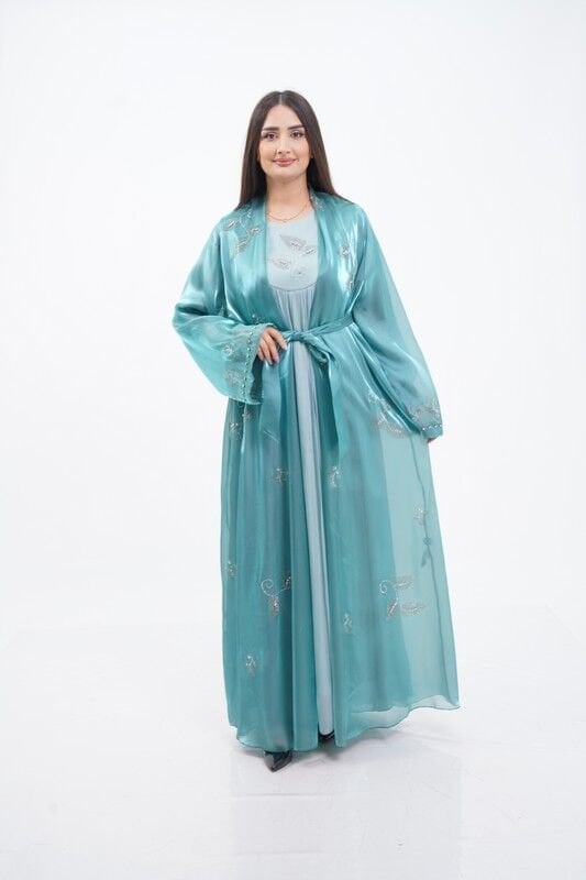 Taş Süslemeli Organze Abaya Takım Mint - 40-48