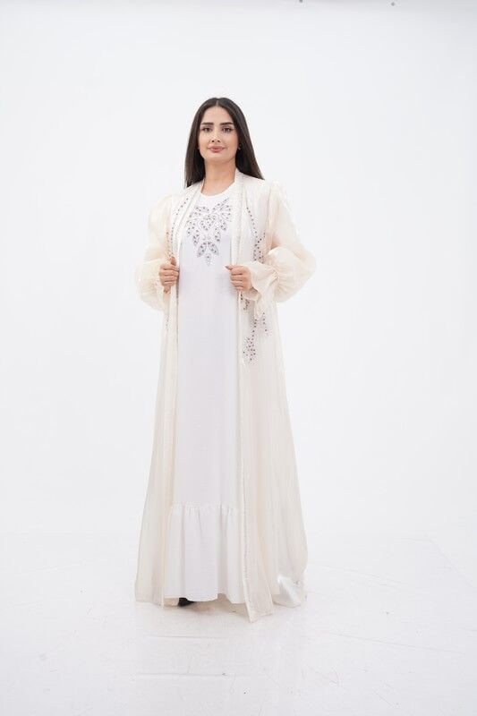 Kol Büzgülü Taş Süsleme Detaylı Abaya Takım Bej - 40-48