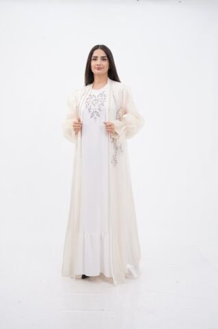 Kol Büzgülü Taş Süsleme Detaylı Abaya Takım Bej - 40-48