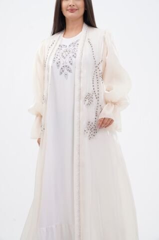 Kol Büzgülü Taş Süsleme Detaylı Abaya Takım Bej - 40-48