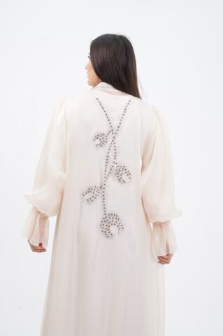 Kol Büzgülü Taş Süsleme Detaylı Abaya Takım Bej - 40-48