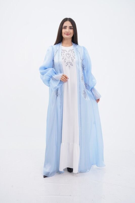 Kol Büzgülü Taş Süsleme Detaylı Abaya Takım Mavi - 40-48