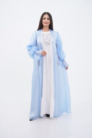 Kol Büzgülü Taş Süsleme Detaylı Abaya Takım Mavi - 40-48