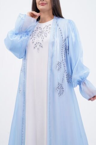 Kol Büzgülü Taş Süsleme Detaylı Abaya Takım Mavi - 40-48