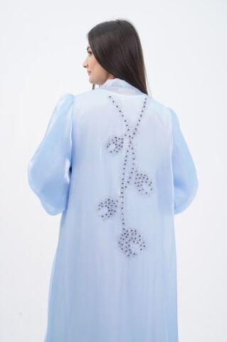 Kol Büzgülü Taş Süsleme Detaylı Abaya Takım Mavi - 40-48
