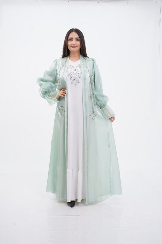 Kol Büzgülü Taş Süsleme Detaylı Abaya Takım Mint - 40-48