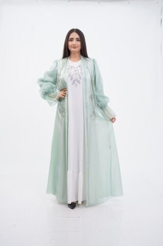 Kol Büzgülü Taş Süsleme Detaylı Abaya Takım Mint - 40-48