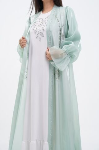 Kol Büzgülü Taş Süsleme Detaylı Abaya Takım Mint - 40-48