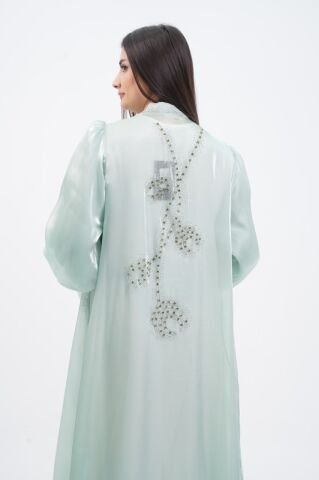 Kol Büzgülü Taş Süsleme Detaylı Abaya Takım Mint - 40-48