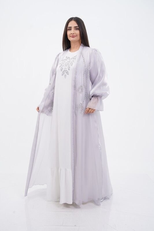 Kol Büzgülü Taş Süsleme Detaylı Abaya Takım Gri - 40-48
