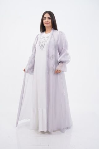 Kol Büzgülü Taş Süsleme Detaylı Abaya Takım Gri - 40-48