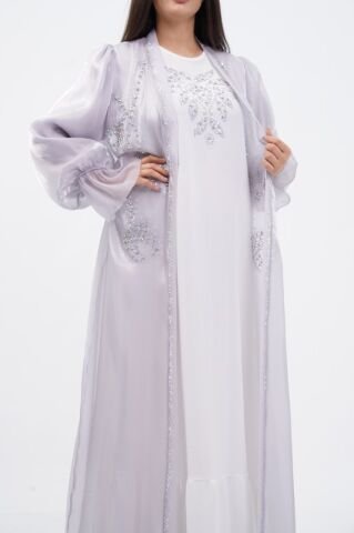 Kol Büzgülü Taş Süsleme Detaylı Abaya Takım Gri - 40-48