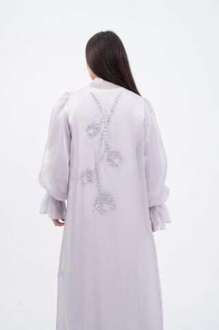 Kol Büzgülü Taş Süsleme Detaylı Abaya Takım Gri - 40-48