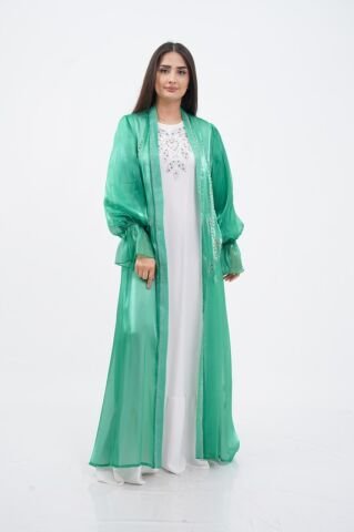 Kol Büzgülü Taş Süsleme Detaylı Abaya Takım Yeşil - 40-48