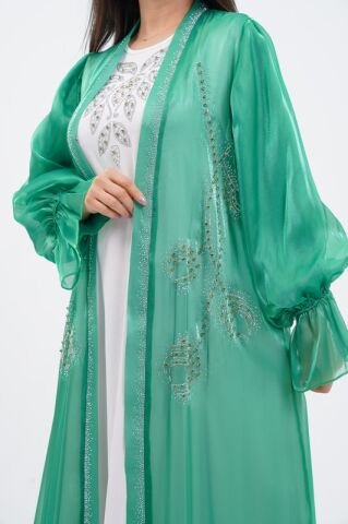 Kol Büzgülü Taş Süsleme Detaylı Abaya Takım Yeşil - 40-48