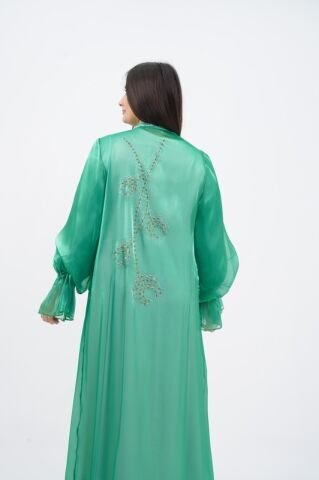 Kol Büzgülü Taş Süsleme Detaylı Abaya Takım Yeşil - 40-48