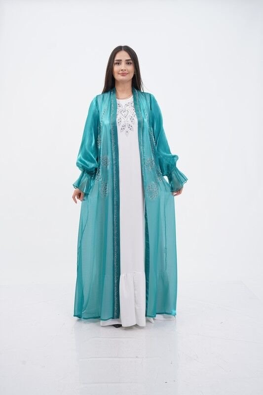 Kol Büzgülü Taş Süsleme Detaylı Abaya Takım Zümrüt - 40-48