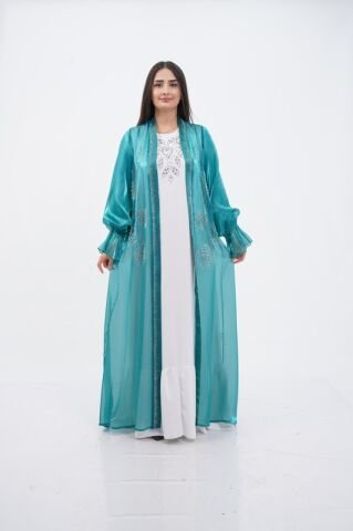 Kol Büzgülü Taş Süsleme Detaylı Abaya Takım Zümrüt - 40-48