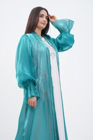 Kol Büzgülü Taş Süsleme Detaylı Abaya Takım Zümrüt - 40-48