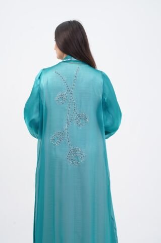 Kol Büzgülü Taş Süsleme Detaylı Abaya Takım Zümrüt - 40-48