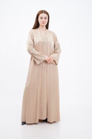 Taş Süslemeli Organze Abaya Elbise Takım Bej - 40-48