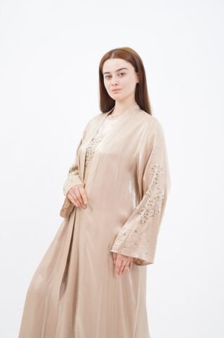 Taş Süslemeli Organze Abaya Elbise Takım Bej - 40-48