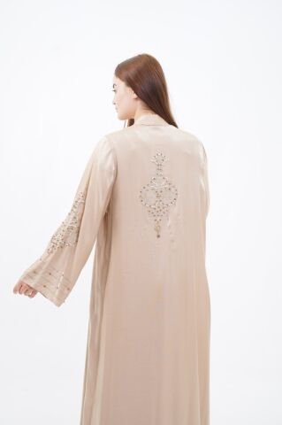 Taş Süslemeli Organze Abaya Elbise Takım Bej - 40-48