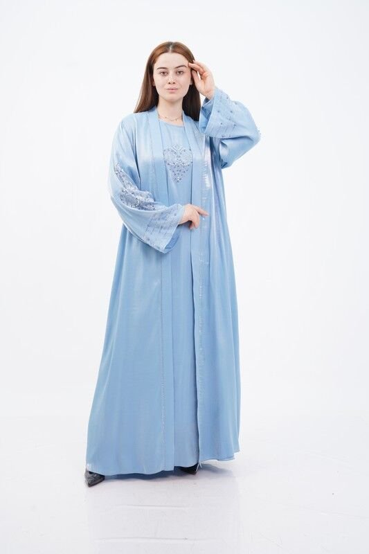 Taş Süslemeli Organze Abaya Elbise Takım Mavi - 40-48