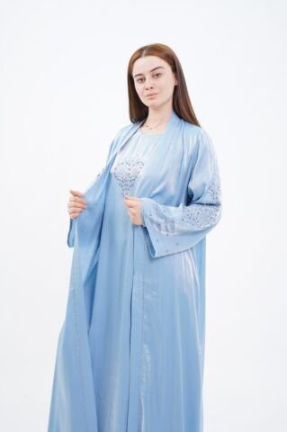 Taş Süslemeli Organze Abaya Elbise Takım Mavi - 40-48