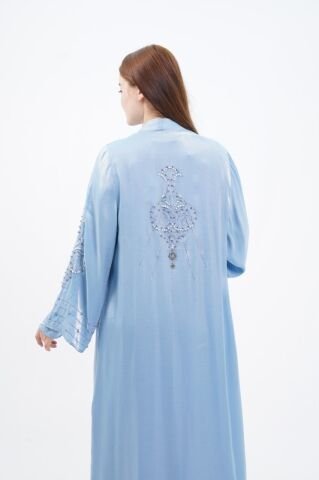 Taş Süslemeli Organze Abaya Elbise Takım Mavi - 40-48