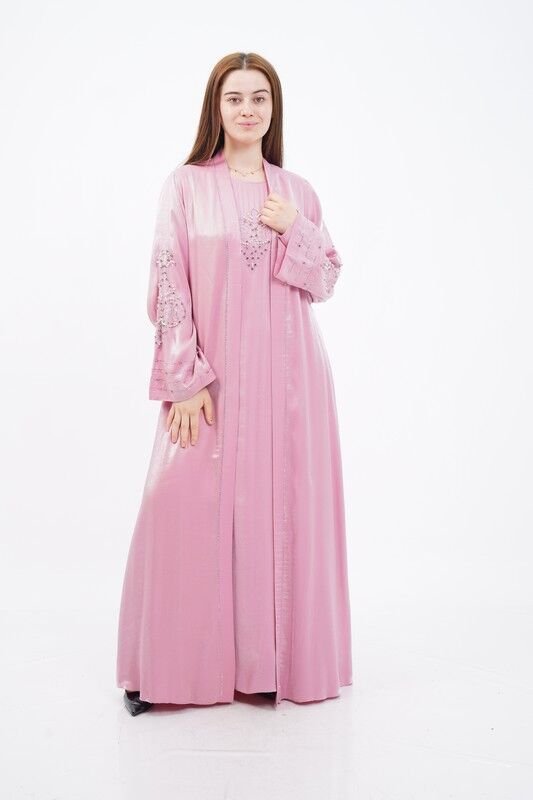 Taş Süslemeli Organze Abaya Elbise Takım Pudra - 40-48