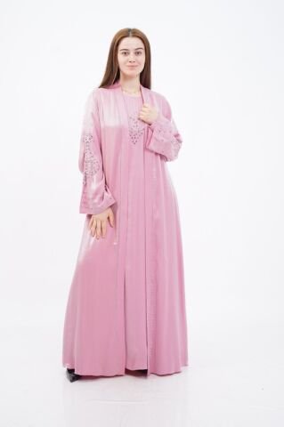Taş Süslemeli Organze Abaya Elbise Takım Pudra - 40-48
