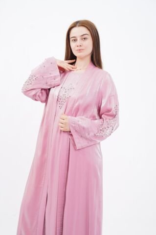 Taş Süslemeli Organze Abaya Elbise Takım Pudra - 40-48
