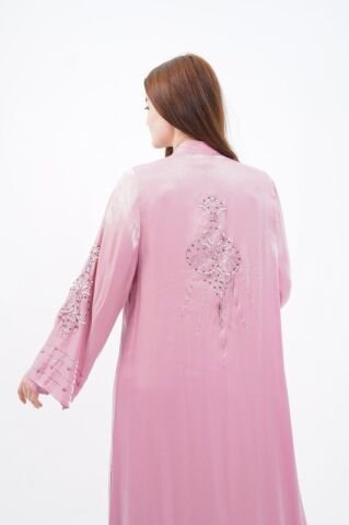 Taş Süslemeli Organze Abaya Elbise Takım Pudra - 40-48