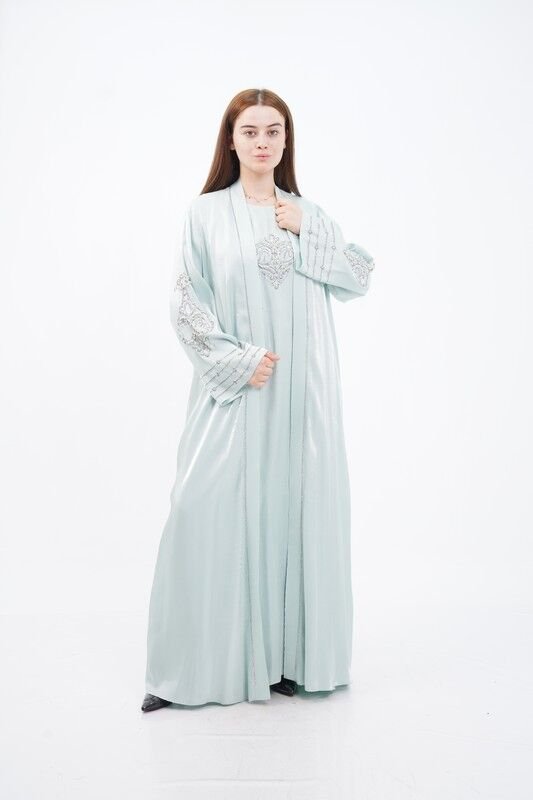 Taş Süslemeli Organze Abaya Elbise Takım Mint - 40-48