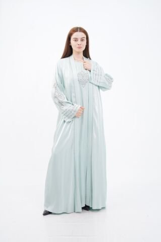 Taş Süslemeli Organze Abaya Elbise Takım Mint - 40-48