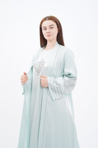 Taş Süslemeli Organze Abaya Elbise Takım Mint - 40-48