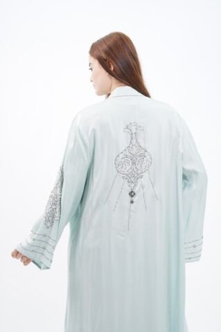 Taş Süslemeli Organze Abaya Elbise Takım Mint - 40-48