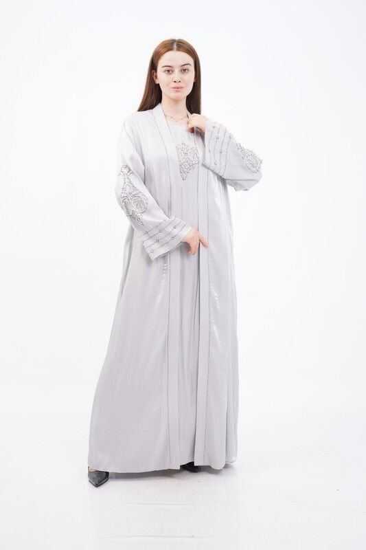 Taş Süslemeli Organze Abaya Elbise Takım Gri - 40-48