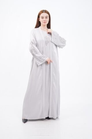 Taş Süslemeli Organze Abaya Elbise Takım Gri - 40-48