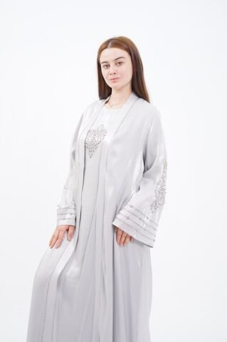 Taş Süslemeli Organze Abaya Elbise Takım Gri - 40-48