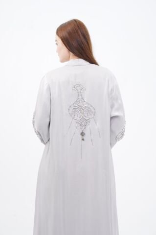 Taş Süslemeli Organze Abaya Elbise Takım Gri - 40-48