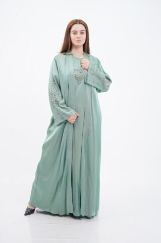 Taş Süslemeli Organze Abaya Elbise Takım Yeşil - 40-48