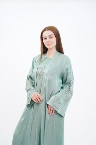 Taş Süslemeli Organze Abaya Elbise Takım Yeşil - 40-48