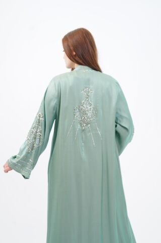 Taş Süslemeli Organze Abaya Elbise Takım Yeşil - 40-48